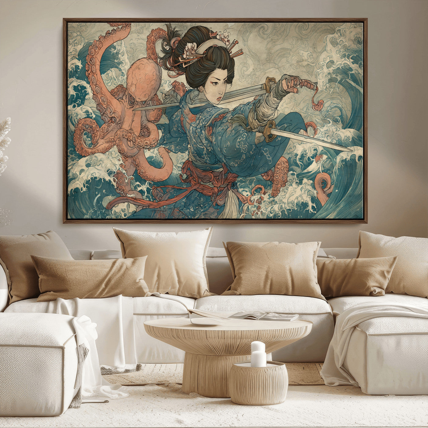 52037775-MGV-CV-36X24-Tsukioka Yoshitoshi Samurai Wall Art Print, Japanese Katana Warrior Canvas Wall Art, Octopus Sea Monster Canvas Print,