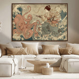 54879547-MGV-FC-36X24_Walnut-Samurai Woman Wall Art – Japanese Ukiyo-e Style Canvas Print with Katana and Octopus, Traditional Asian Inspired Battle Artwork