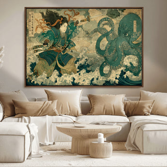 24416422-MGV-CV-36X24-Tsukioka Yoshitoshi Samurai Wall Art Print, Japanese Katana Warrior Canvas Wall Art, Octopus Sea Monster Canvas Print,