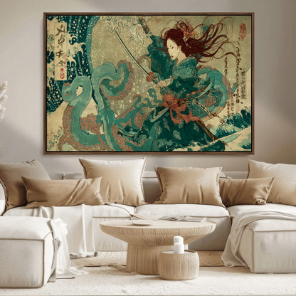 86918027-MGV-CV-36X24-Tsukioka Yoshitoshi Samurai Wall Art Print, Japanese Katana Warrior Canvas Wall Art, Octopus Sea Monster Canvas Print,