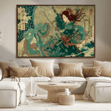 86918027-MGV-FC-36X24_Walnut-Samurai Warrior vs Octopus Wall Art – Japanese Ukiyo-e Ocean Battle Canvas Print, Traditional Samurai Artwork for Living Room,
