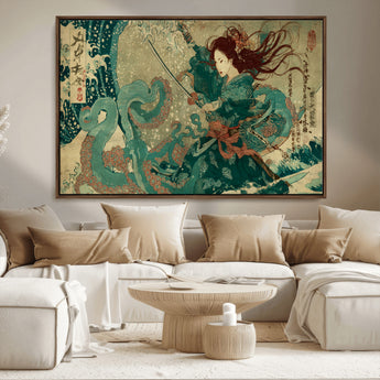 86918027-MGV-FC-36X24_Walnut-Samurai Warrior vs Octopus Wall Art – Japanese Ukiyo-e Ocean Battle Canvas Print, Traditional Samurai Artwork for Living Room,