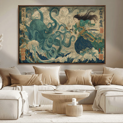 60346622-MGV-CV-36X24-Tsukioka Yoshitoshi Samurai Wall Art Print, Japanese Katana Warrior Canvas Wall Art, Octopus Sea Monster Canvas Print,