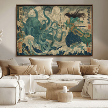 60346622-MGV-CV-36X24-Samurai Warrior vs Octopus Wall Art – Japanese Ukiyo-e Style Ocean Battle Canvas Print, Traditional Samurai Artwork for Living