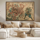 63782167-MGV-CV-36X24-Tsukioka Yoshitoshi Samurai Wall Art Print, Japanese Katana Warrior Canvas Wall Art, Octopus Sea Monster Canvas Print,