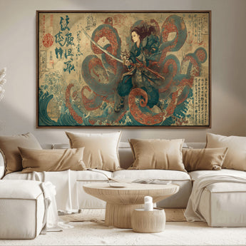 98593115-MGV-FC-36X24_Walnut-Samurai Warrior vs Octopus Wall Art – Japanese Ukiyo-e Calligraphy Canvas Print, Ocean Battle Scene Artwork for Living Room,