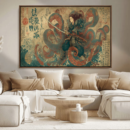 98593115-MGV-FC-36X24_Walnut-Samurai Warrior vs Octopus Wall Art – Japanese Ukiyo-e Calligraphy Canvas Print, Ocean Battle Scene Artwork for Living Room,