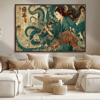 18575670-MGV-CV-36X24-Samurai Woman vs Octopus Wall Art – Japanese Ukiyo-e Ocean Battle Canvas Print, Traditional Warrior Artwork for Living Room,