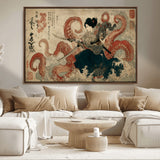 50812504-MGV-FC-36X24_Walnut-Samurai Woman vs Octopus Wall Art – Japanese Ukiyo-e Red Tentacle Canvas Print, Ocean Battle Artwork for Living Room, Office, Man
