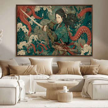 35461724-MGV-CV-36X24-Samurai Woman vs Octopus Wall Art – Japanese Ukiyo-e Ocean Waves Canvas Print, Red Tentacle Battle Artwork for Living Room,