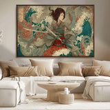 63377977-MGV-CV-36X24-Tsukioka Yoshitoshi Samurai Wall Art Print, Japanese Katana Warrior Canvas Wall Art, Octopus Sea Monster Canvas Print,