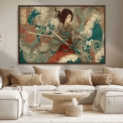 63377977-MGV-CV-36X24-Tsukioka Yoshitoshi Samurai Wall Art Print, Japanese Katana Warrior Canvas Wall Art, Octopus Sea Monster Canvas Print,