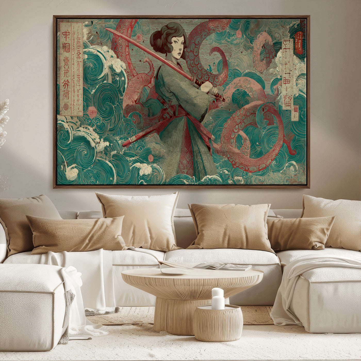 91666601-MGV-CV-36X24-Samurai Woman vs Octopus Wall Art – Japanese Ukiyo-e Green Robe Canvas Print, Ocean Battle Artwork for Living Room, Office, Man