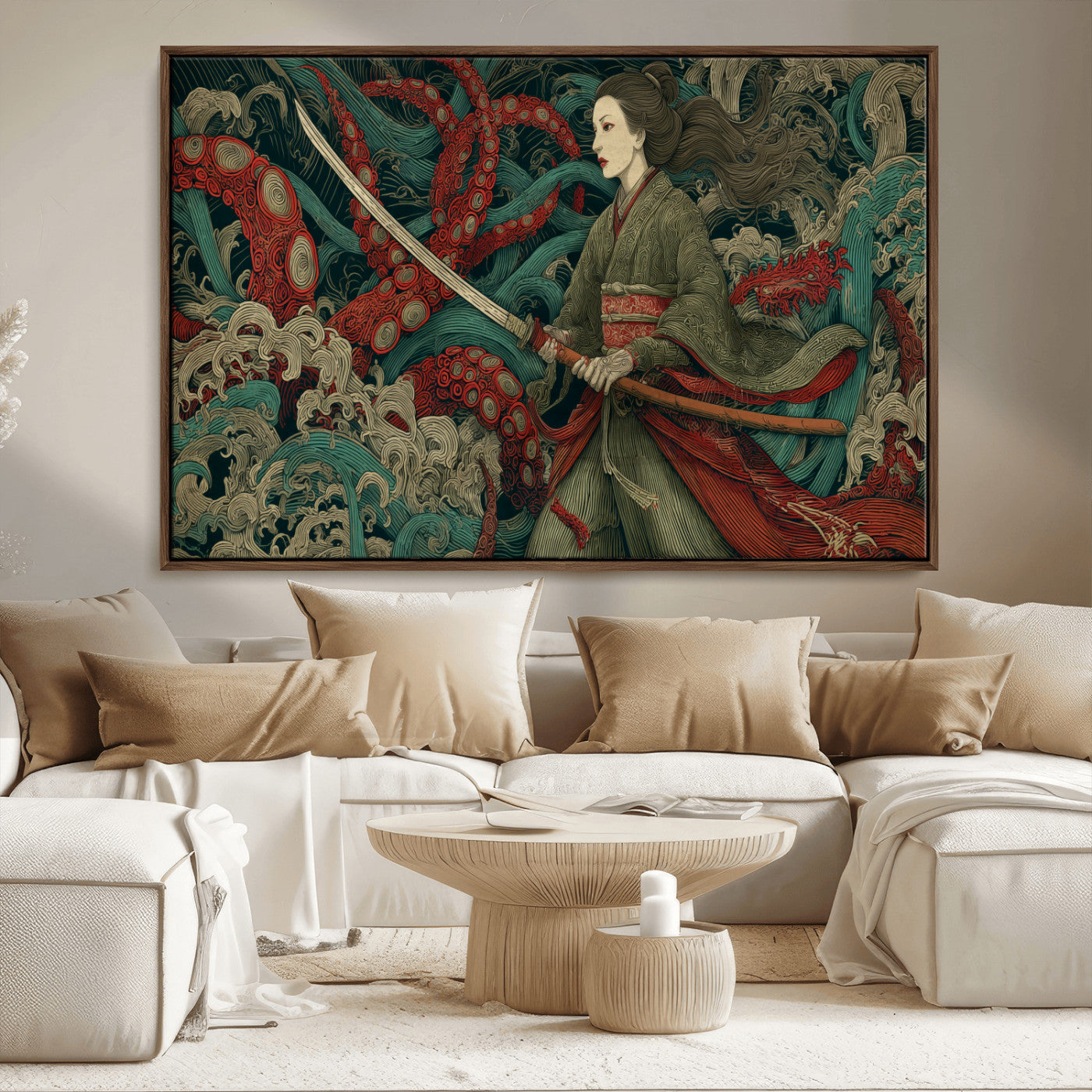 18902796-MGV-FC-36X24_Walnut-Samurai Woman vs Octopus Wall Art – Japanese Ukiyo-e Green Kimono Canvas Print, Ocean Battle Scene Artwork for Living Room,