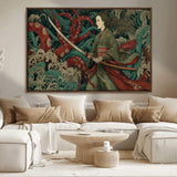 18902796-MGV-FC-36X24_Walnut-Samurai Woman vs Octopus Wall Art – Japanese Ukiyo-e Green Kimono Canvas Print, Ocean Battle Scene Artwork for Living Room,