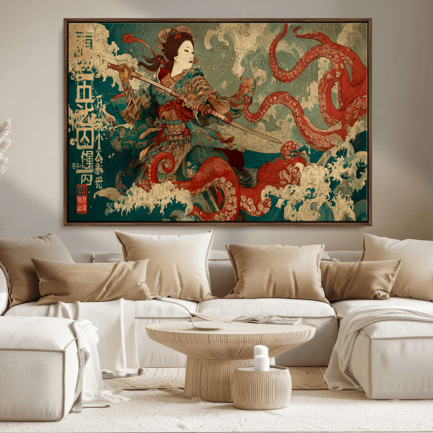 60201267-MGV-CV-36X24-Samurai Woman vs Octopus Wall Art – Japanese Ukiyo-e Armor Canvas Print, Red Tentacle Ocean Battle Artwork for Living Room,