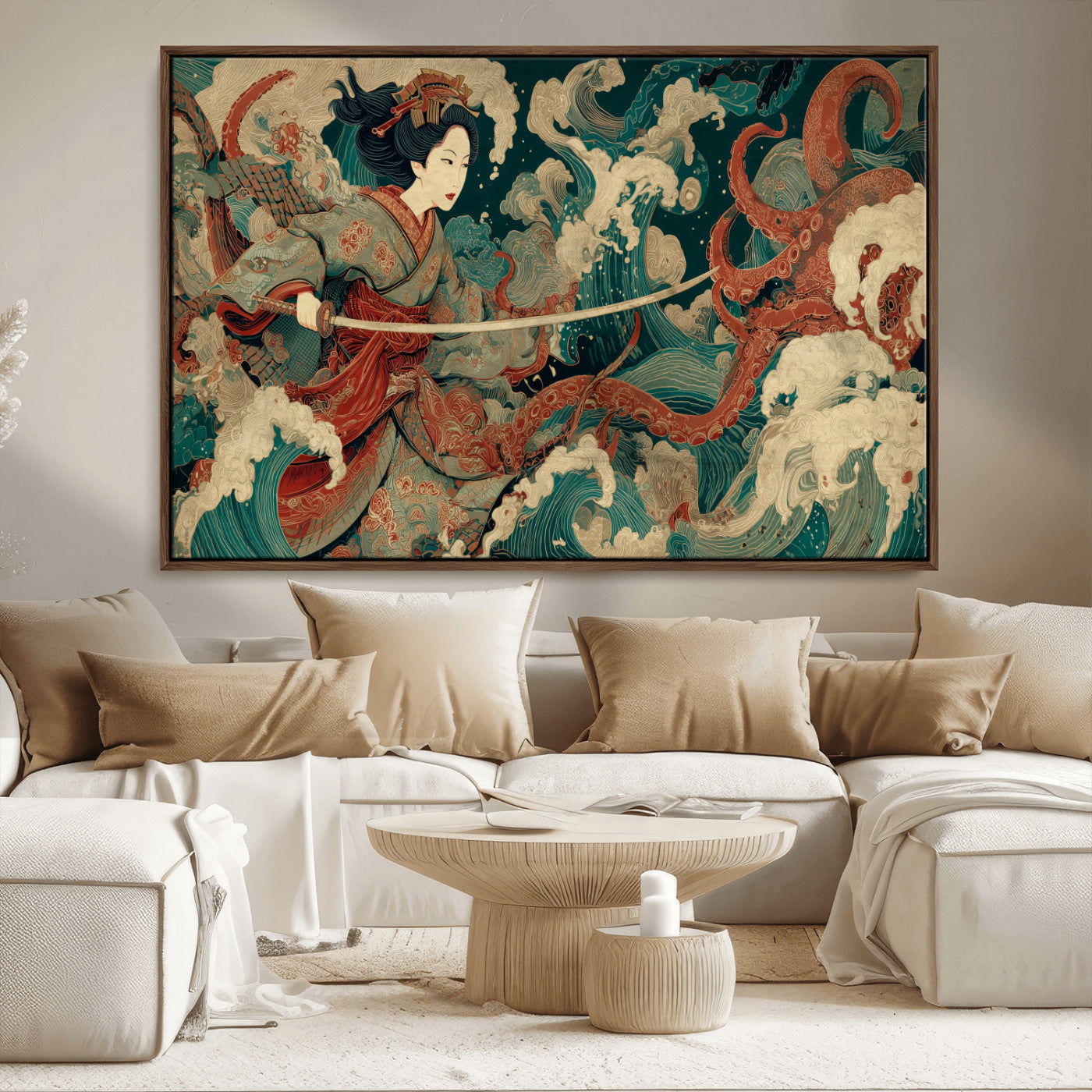 30212982-MGV-CV-36X24-Samurai Woman vs Octopus Wall Art – Japanese Ukiyo-e Style Warrior and Sea Monster Canvas Print, Mythology Inspired Artwork for