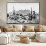 97436PHN-MGV-CV-36X24-Desert Landscape Wall Art – Black and White Cactus and Mountain Canvas Print, Southwestern Nature Photography for Living Room,