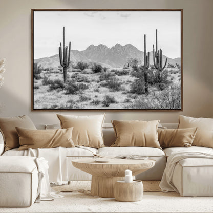 97436PHN-MGV-CV-36X24-Desert Landscape Wall Art – Black and White Cactus and Mountain Canvas Print, Southwestern Nature Photography for Living Room,