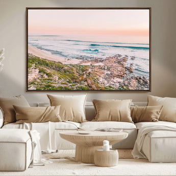 27332135-MGV-FC-36X24_Walnut-Coastal Sunset Wall Art – Ocean Waves and Rocky Shore Canvas Print, Scenic Seaside Photography Decor for Bedroom, Living Room,