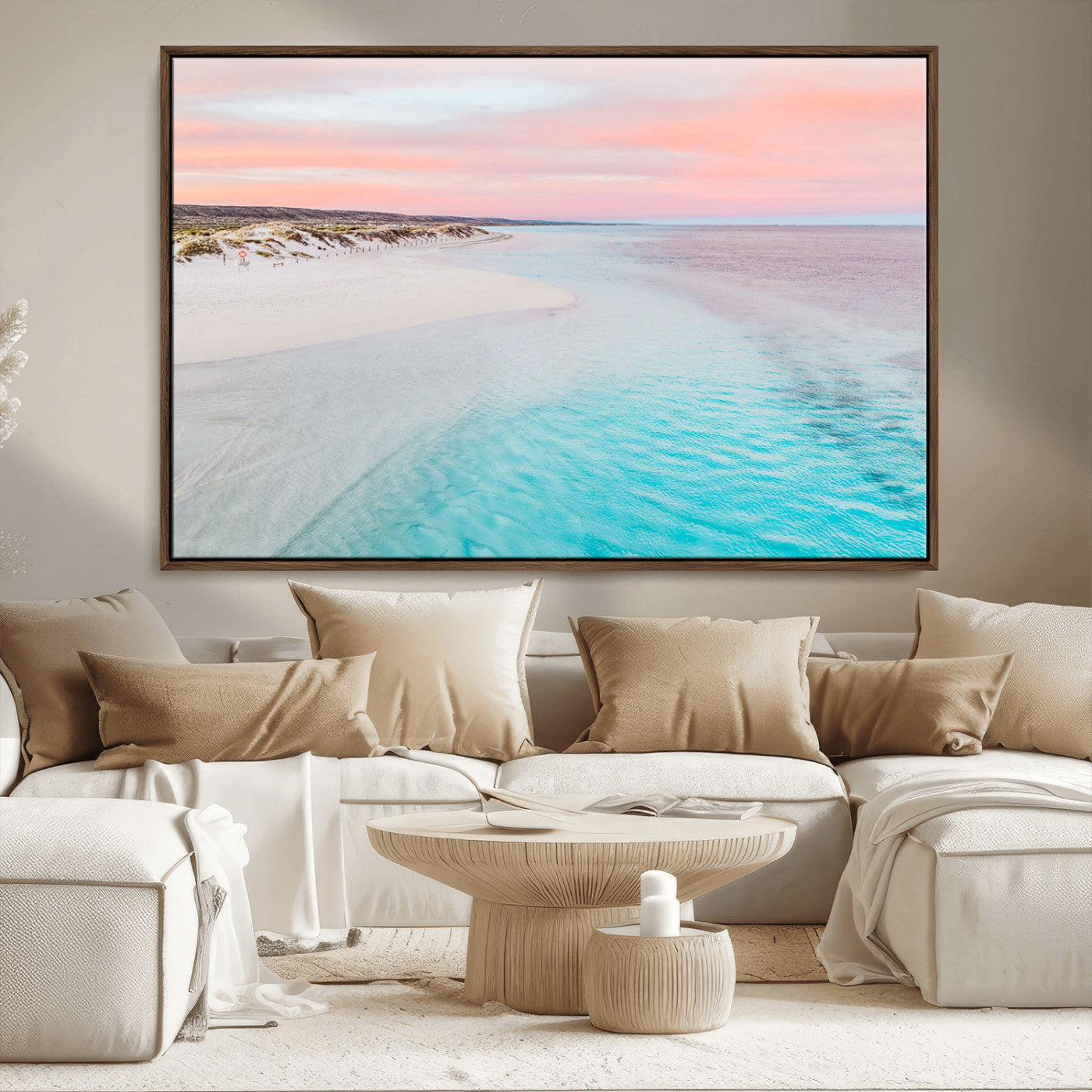 41613614-MGV-FC-36X24_Walnut-Beach Sunset Wall Art – Pastel Ocean Canvas Print, Turquoise Water and Pink Sky Photography Decor for Bedroom, Living Room, Office