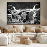 15425553-MGV-CV-36X24-Western Wall Art – Longhorn Cattle Black and White Canvas Print, Rustic Ranch Photography Decor for Bedroom, Living Room, Office,