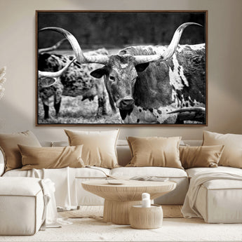 15425553-MGV-CV-36X24-Western Wall Art – Longhorn Cattle Black and White Canvas Print, Rustic Ranch Photography Decor for Bedroom, Living Room, Office,