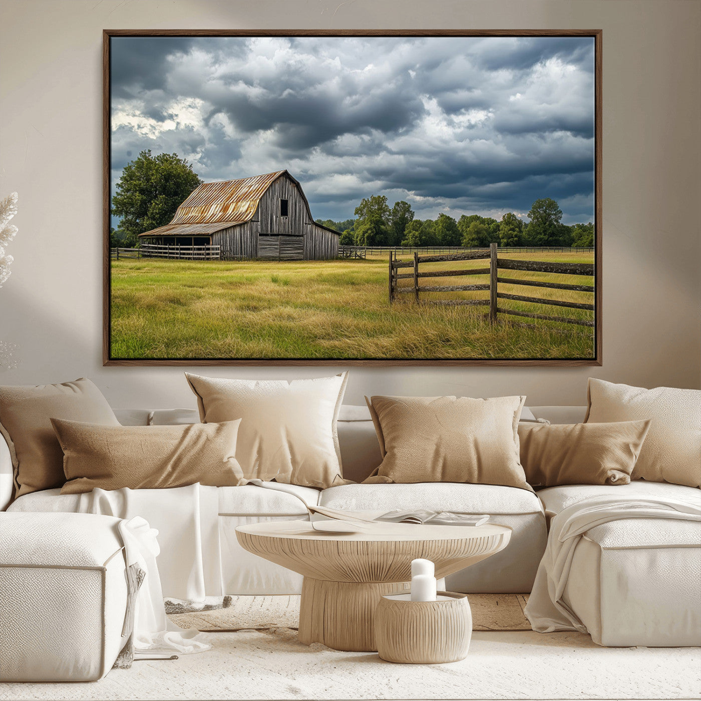 39409517-MGV-CV-36X24-Rustic Barn Wall Art – Weathered Farmhouse and Storm Clouds Canvas Print, Country Landscape Photography Decor for Bedroom, Living