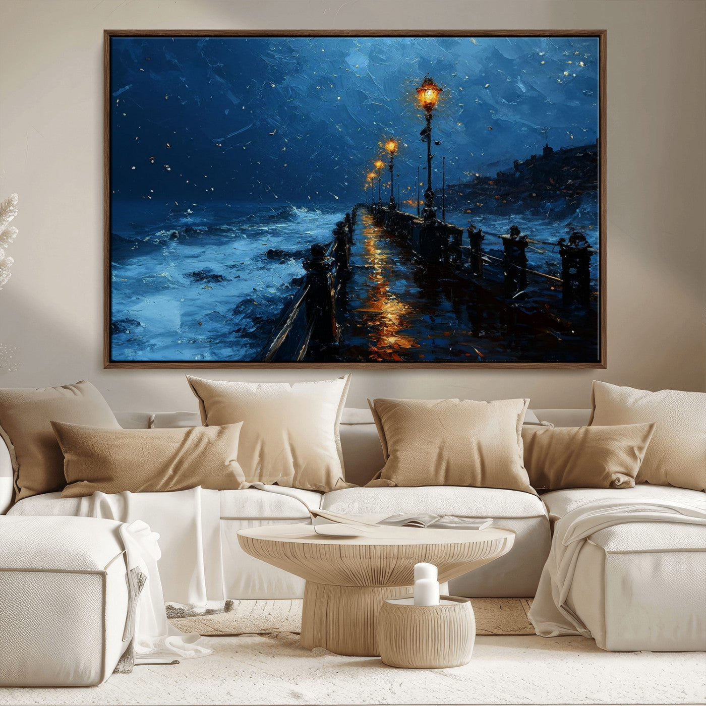 48300530-MGV-CV-36X24-Dark Stormy Pier Canvas Wall Art – Moody Ocean Night Scene with Street Lamps, Blue Coastal Seascape Print for Bedroom, Office, or