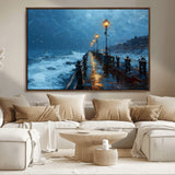 93793246-MGV-CV-36X24-Stormy Night Pier Canvas Wall Art – Moody Ocean Landscape with Lights, Blue Coastal Seascape Print for Bedroom, Living Room,