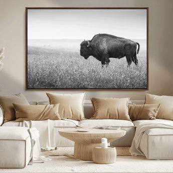 90861202-MGV-CV-36X24-Black and White Bison Canvas Wall Art – Rustic American Buffalo Print, Western Wildlife Photography for Farmhouse, Cabin, Office
