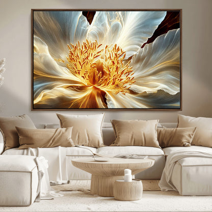 20862576-MGV-FC-36X24_Walnut-Golden Abstract Flower Canvas Wall Art – Modern Botanical Bloom Print, Elegant Floral Artwork for Living Room, Bedroom, Office