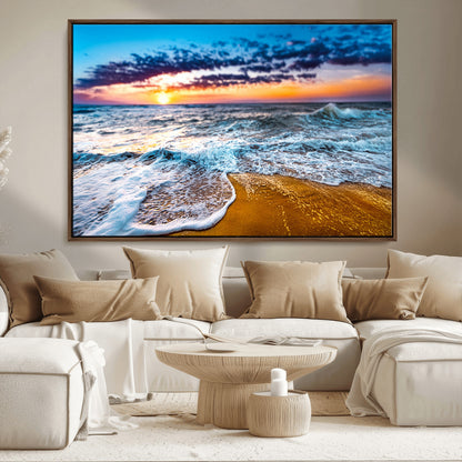 24077769-MGV-FC-36X24_Walnut-Sunset Beach Wall Art – Ocean Waves Canvas Print, Golden Shoreline Photography Coastal Decor for Living Room, Bedroom, Office,