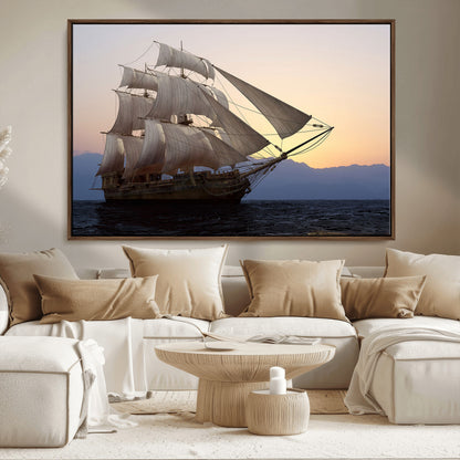 99957679-MGV-FC-36X24_Walnut-Majestic Sailing Ship Wall Art – Sunset Ocean Voyage, Classic Tall Ship with Wind Filled Sails Canvas Print for Home, Office,