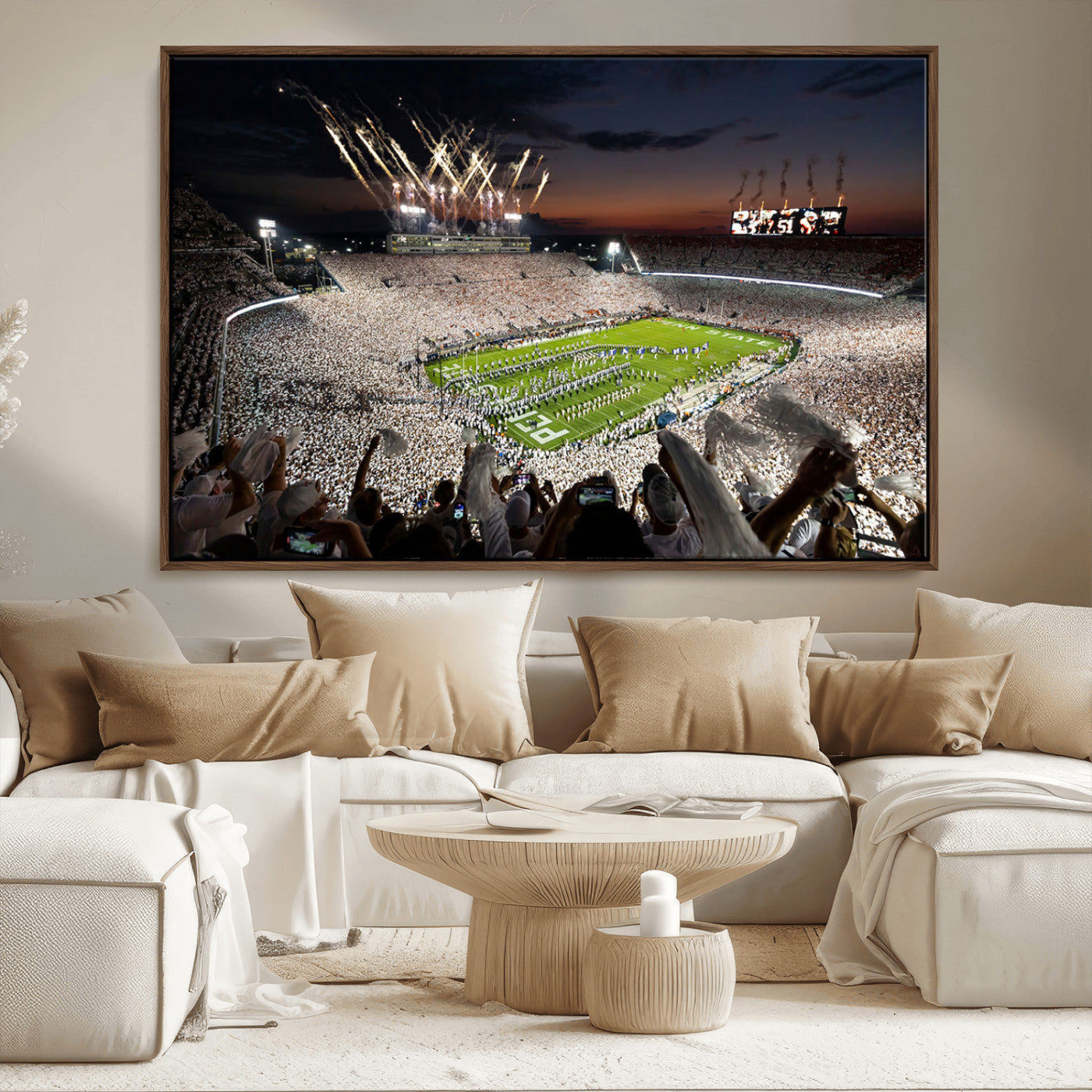 11221988-MGV-CV-36X24-Football Stadium Wall Art – Game Day Crowd with Fireworks, Sports Fan Photography Print, Stadium Decor for Man Cave, Bar, or