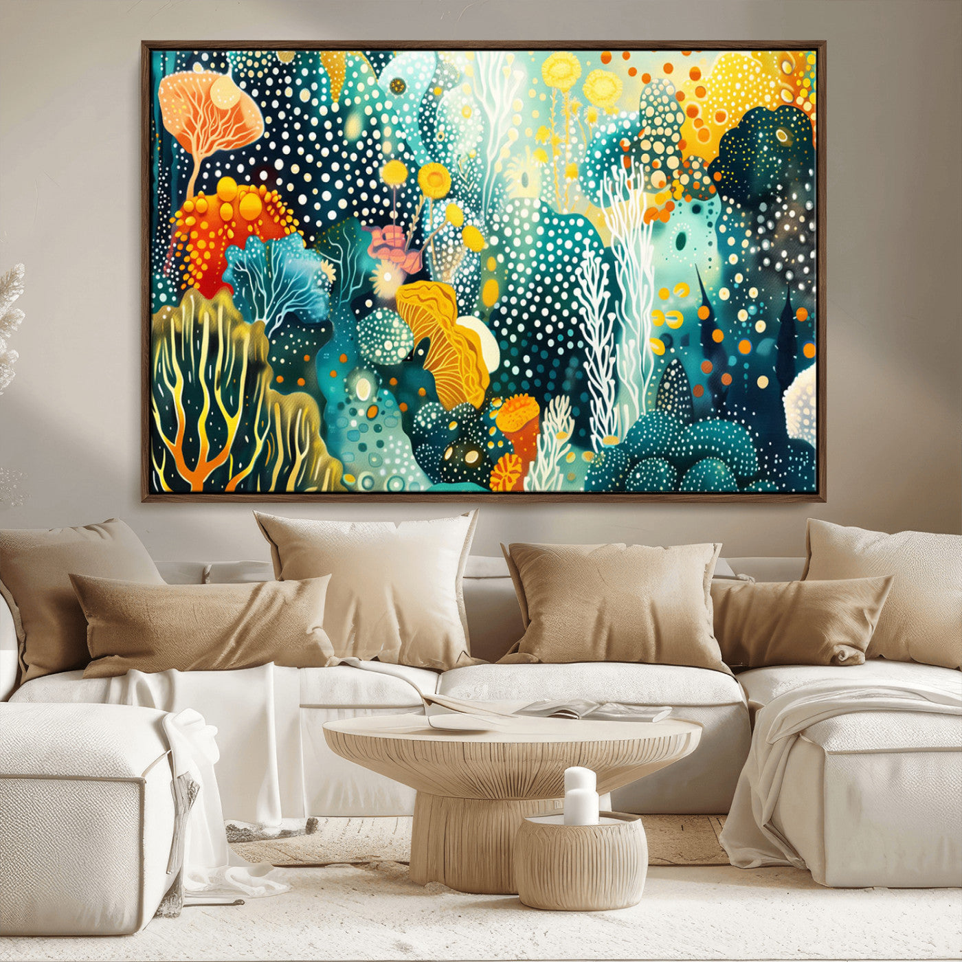 61631606-MGV-CV-36X24-Abstract Coral Reef Wall Art – Colorful Ocean Inspired Print with Vibrant Blue, Yellow, and Orange, Modern Coastal Decor for Home