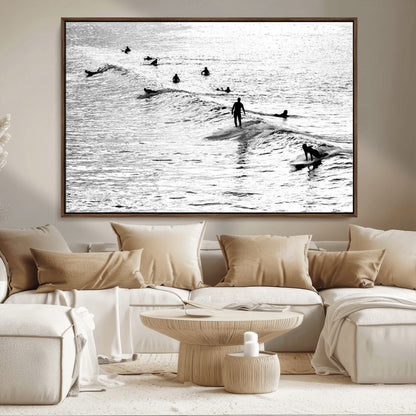 68018616-MGV-FC-36X24_Walnut-Black and White Surf Photography Print – Minimalist Ocean Wall Art, Surfers Riding Waves, Coastal Beach Decor for Modern Home or