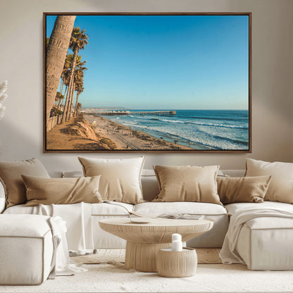 92568259-MGV-CV-36X24-California Beach Wall Art – Palm Tree Pier Canvas Print, Coastal Ocean Photography Seaside Decor for Living Room, Bedroom, Office,
