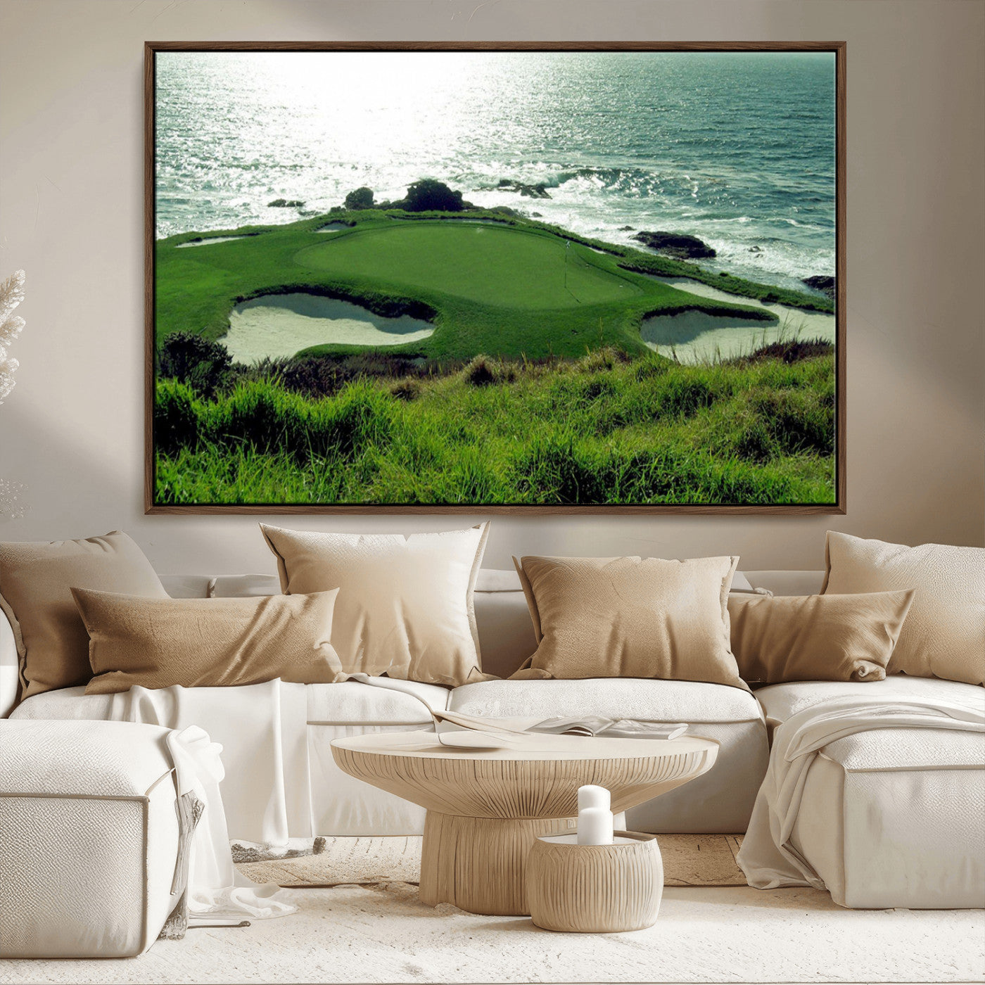 48473947-MGV-FC-36X24_Walnut-Ocean Golf Course Wall Art – Panoramic Green Fairway Canvas Print, Coastal Golf Landscape Photography Sports Decor for Office, Man