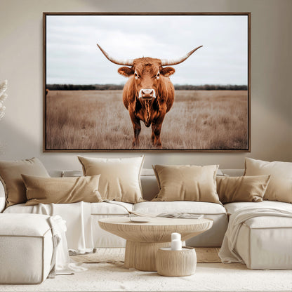 16316734-MGV-FC-36X24_Walnut-Texas Longhorn Wall Art – Rustic Bull Portrait Canvas Print, Western Farmhouse Animal Photography Decor for Living Room, Office,