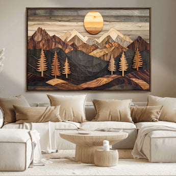 90044381-MGV-CV-36X24-Rustic Wall Art – Wooden Mountain Landscape with Sun and Pine Trees, Handcrafted Nature Canvas Style Decor for Bedroom, Living