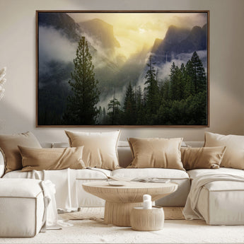 38316884-MGV-CV-36X24-Landscape Wall Art – Misty Mountain Valley Canvas Print, Scenic Pine Forest and Sunrise Photography Decor for Bedroom, Living