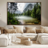 93123937-MGV-FC-36X24_Walnut-Landscape Wall Art – Misty Mountain Lake Canvas Print, Tranquil Forest and Waterfall Photography Decor for Bedroom, Living Room,