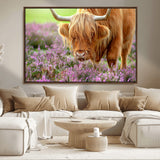 64069351-MGV-FC-36X24_Walnut-Farmhouse Wall Art – Highland Cow in Wildflowers Canvas Print, Rustic Country Cattle Photography Decor for Bedroom, Living Room,