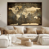 13394308-MGV-CV-36X24-Personalized World Map Wall Art – Dark Rustic Vintage Adventure Travel Map with Custom Couple Names, Timeless Wall Decor for Home