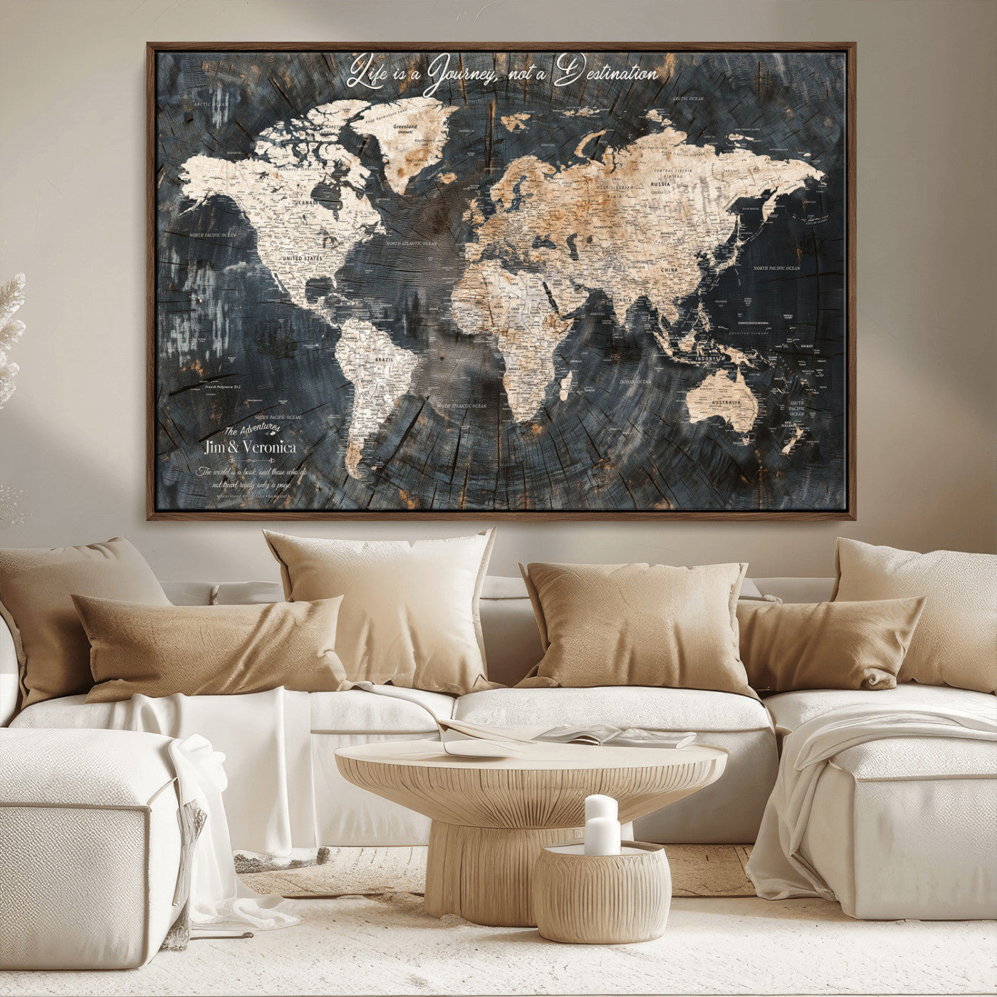55548943-MGV-FC-36X24_Walnut-Personalized World Map Wall Art – Rustic Wood Texture Adventure Travel Map with Custom Couple Names, Vintage Dark Wall Decor for