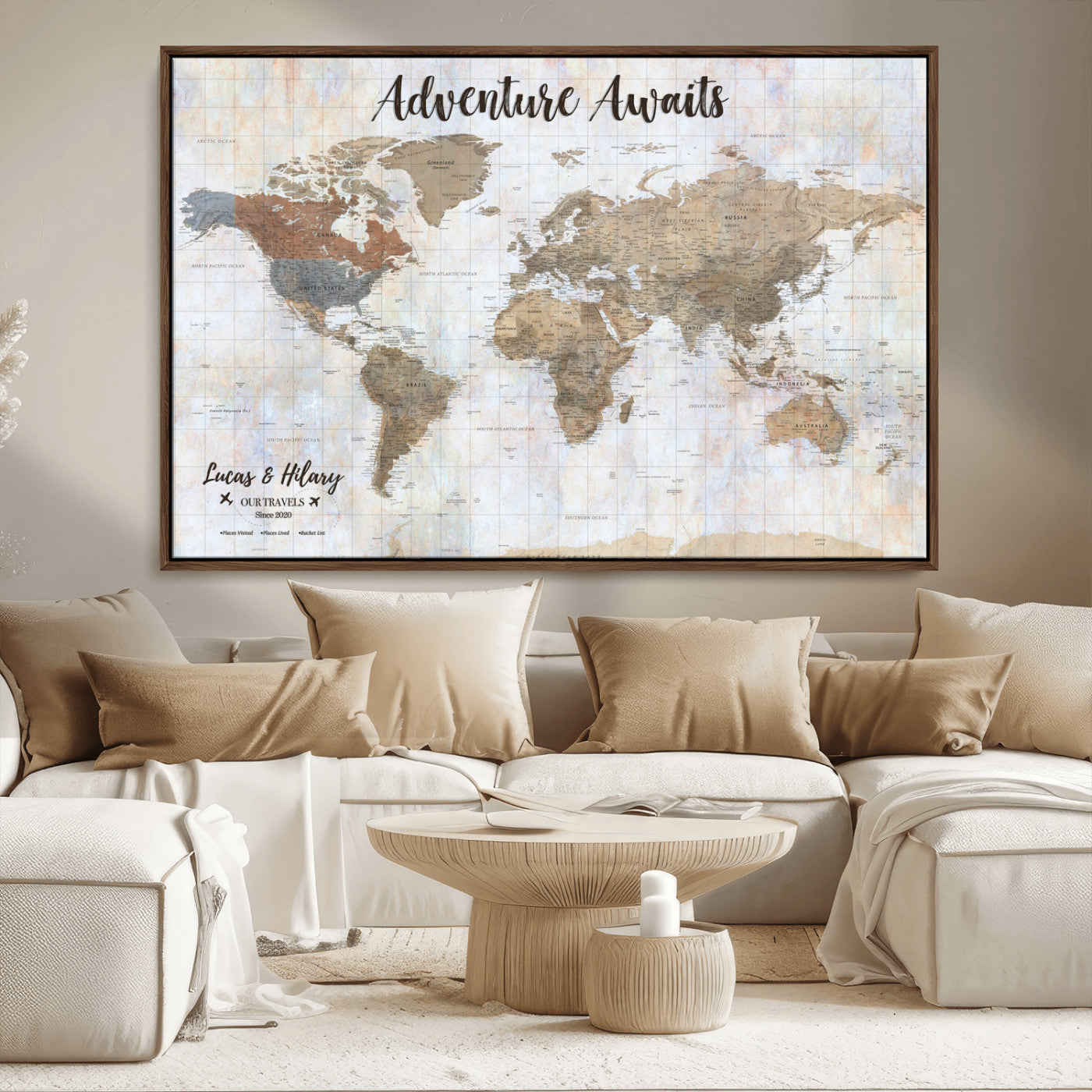 30792405-MGV-FC-36X24_Walnut-Personalized World Map Wall Art – Rustic Beige Adventure Travel Map with Custom Couple Names, Vintage Wall Decor for Home or