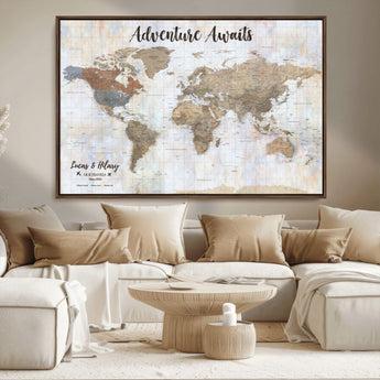 30792405-MGV-FC-36X24_Walnut-Personalized World Map Wall Art – Rustic Beige Adventure Travel Map with Custom Couple Names, Vintage Wall Decor for Home or