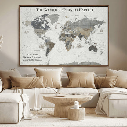 97082026-MGV-FC-36X24_Walnut-Personalized World Map Wall Art – Vintage Gray Adventure Travel Map with Custom Couple or Family Names, Rustic Wall Decor for Home