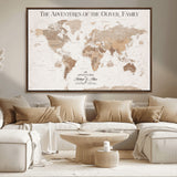 43869621-MGV-FC-36X24_Walnut-Personalized World Map Wall Art – Light Beige Sepia Adventure Travel Map with Custom Family or Couple Names, Rustic Wall Decor for